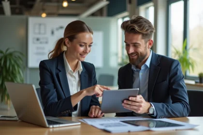 Femme professionnelle en réunion avec un designer web