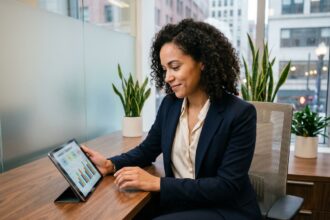 Jeune femme professionnelle utilisant une tablette dans un bureau moderne