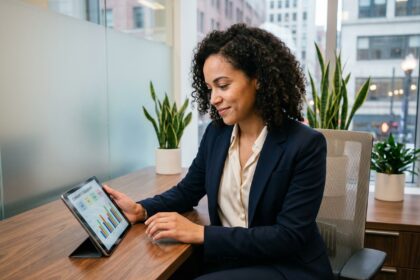Jeune femme professionnelle utilisant une tablette dans un bureau moderne