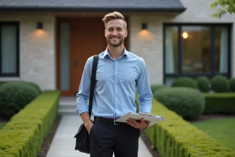 Jeune vendeur porte à porte devant une maison moderne