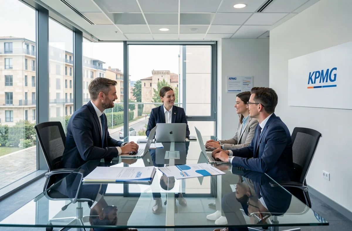 Équipe de professionnels du cabinet KPMG ESC & GS de Carcassonne réunis autour d'une table de conférence dans des bureaux modernes aux standards d'un grand réseau national