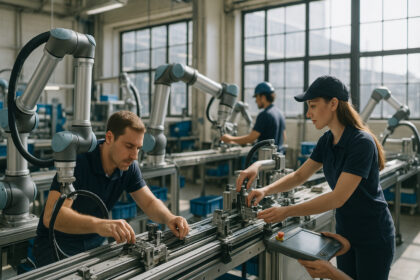 Photo hyperrealiste d'une ligne de production moderne avec robots collaboratifs et travailleurs