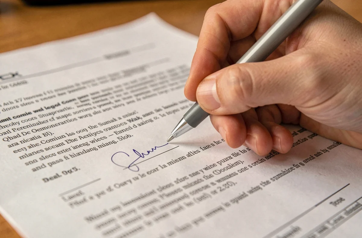 Gros plan d'une main de mineur tenant un stylo au-dessus d'un contrat juridique avant de signer