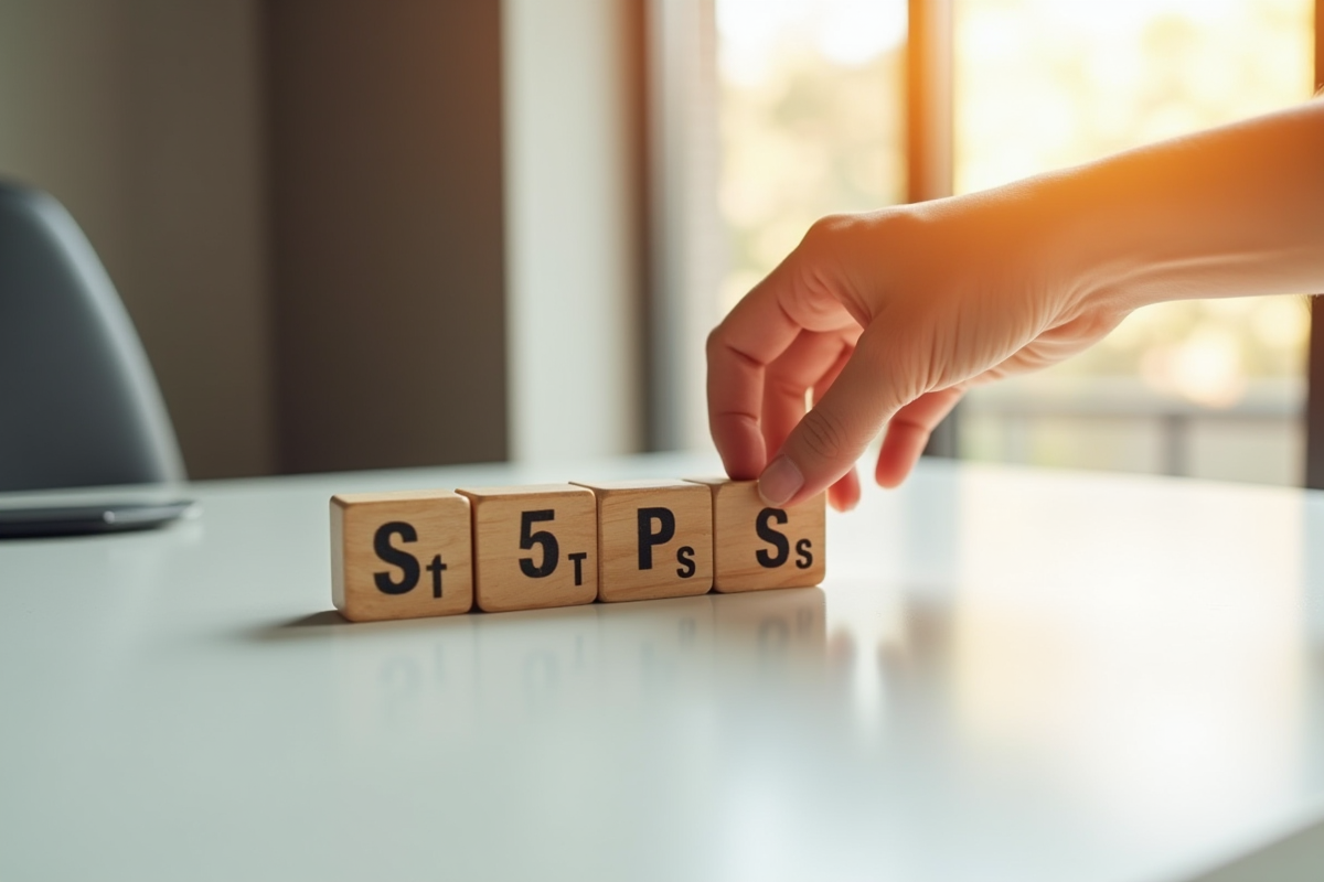 Main arrangeant des blocs en bois avec mots clés des 5 Ps