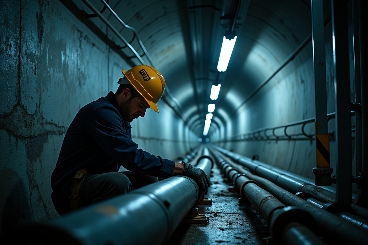 Travailleur vérifiant des tuyaux dans un tunnel industriel