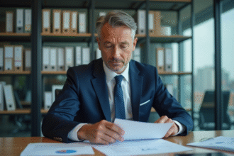 Manager en costume navy dans un bureau moderne