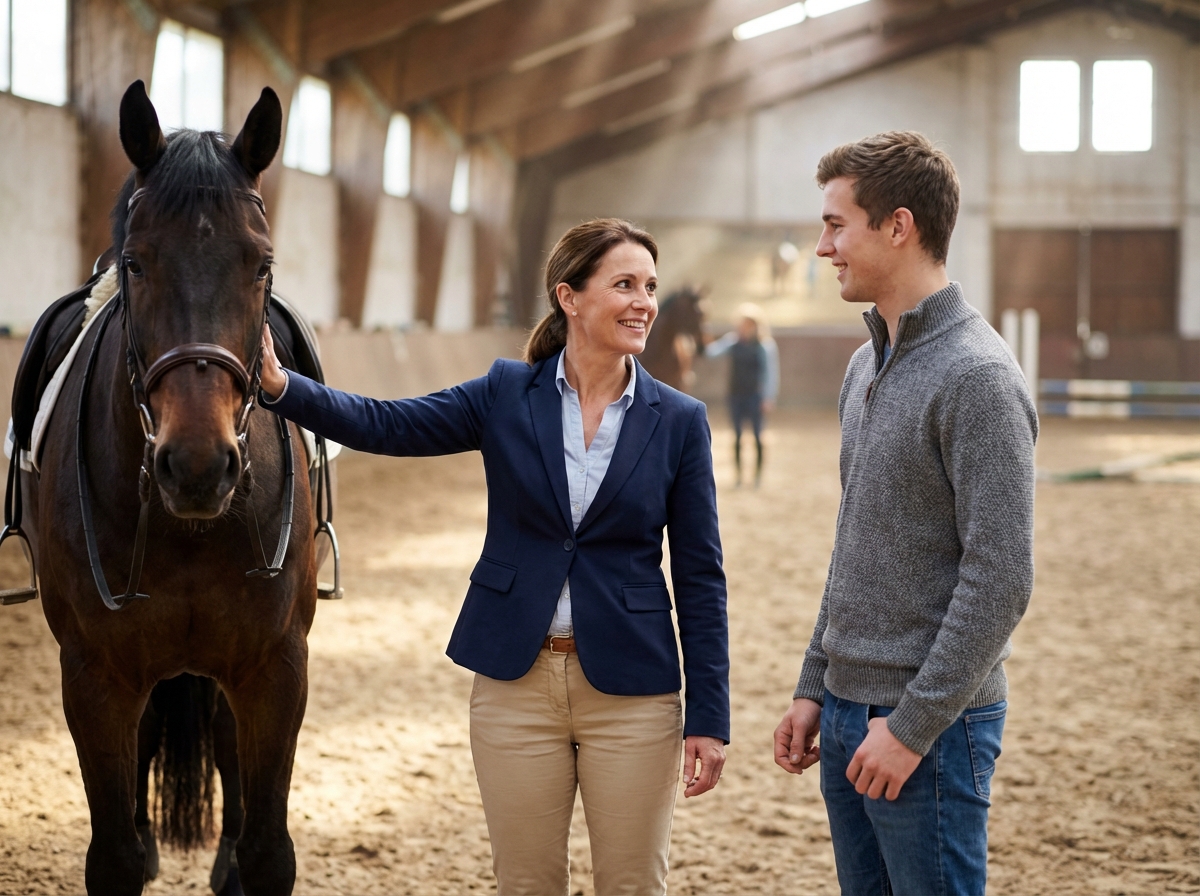 Manager féminin caressant un cheval dans une carrière intérieure