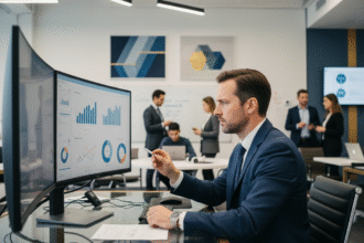 Manager informatique en costume dans un bureau moderne