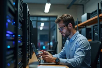 Manager IT en entreprise analysant des données sur une tablette