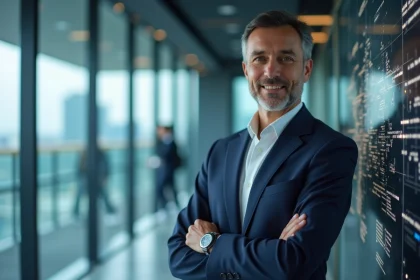 Manager logistique en costume dans un bureau moderne avec écran digital