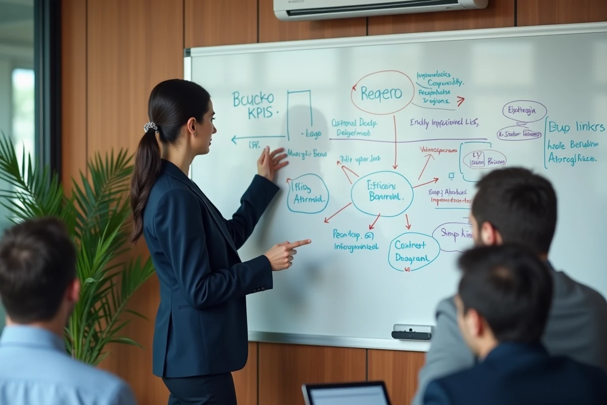 Manager présentant un plan d'amélioration structuré à son équipe devant un tableau blanc avec indicateurs de performance