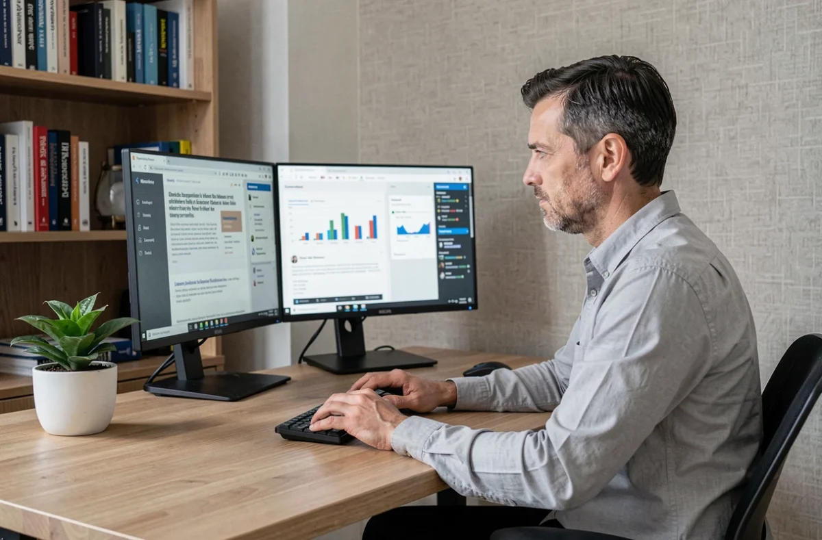 Un manager travaillant depuis son bureau à domicile en comparant des avis sur des logiciels de gestion d'équipe