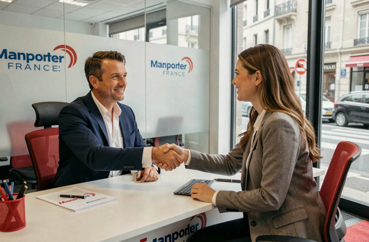 Recruteur Manpower France serrant la main d'une candidate dans une agence d'intérim moderne