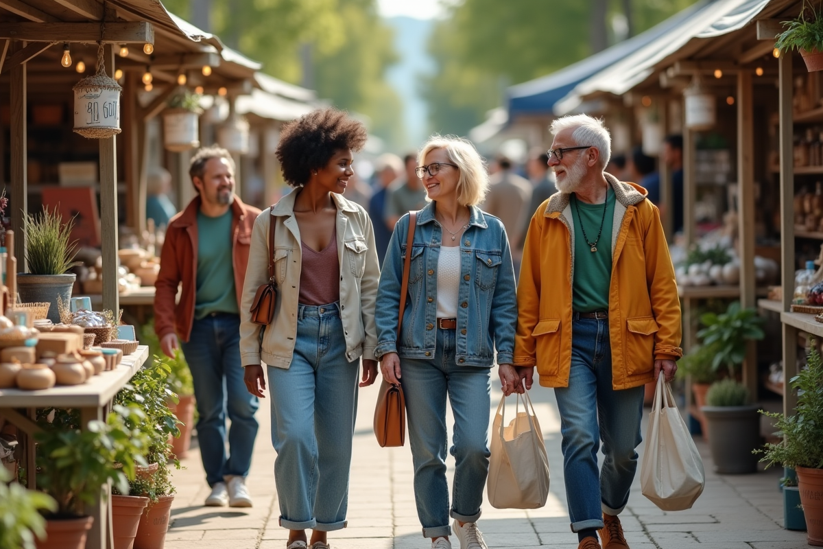 Groupe diversifié de personnes dans un marché durable en plein air