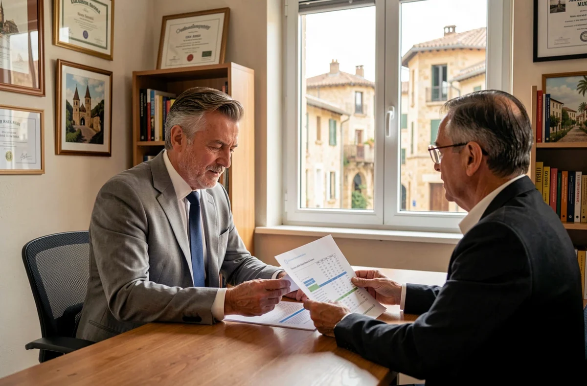 Gilles Marin, expert-comptable à Carcassonne, en consultation avec un client dans son cabinet indépendant, examinant un rapport financier imprimé