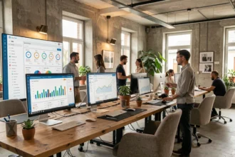 Agence SEO moderne en Côte-d'Or avec équipe de professionnels travaillant sur des tableaux de bord d'analyse SEO