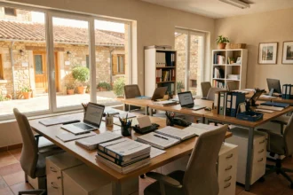 Vue panoramique d'un cabinet d'expertise comptable dans l'Aude, avec des bureaux ouverts, des documents financiers et une architecture méditerranéenne visible en arrière-plan