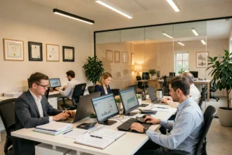 Vue grand angle d'un cabinet d'expertise comptable moderne en Indre-et-Loire avec des professionnels au travail