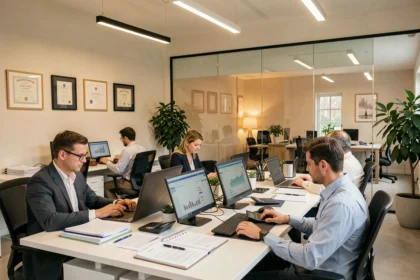 Vue grand angle d'un cabinet d'expertise comptable moderne en Indre-et-Loire avec des professionnels au travail