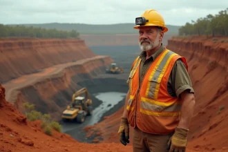 Mineur expérimenté en tenue haute visibilité à l'entrée d'une mine à ciel ouvert en Australie, avec des terrasses de terre rouge et des engins miniers en arrière-plan