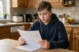 Adolescent lisant attentivement un contrat ou document juridique à une table de cuisine familiale