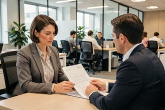 Salariée à temps partiel négociant ses horaires de travail avec un responsable RH dans un bureau moderne
