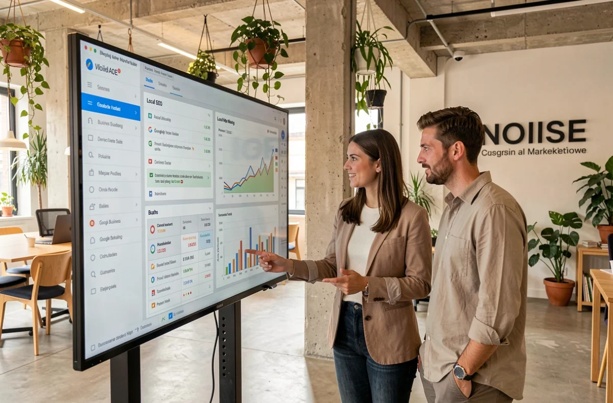 Une équipe de trois professionnels de NOIISE analysant un audit SEO local sur un écran tactile dans un espace de travail collaboratif