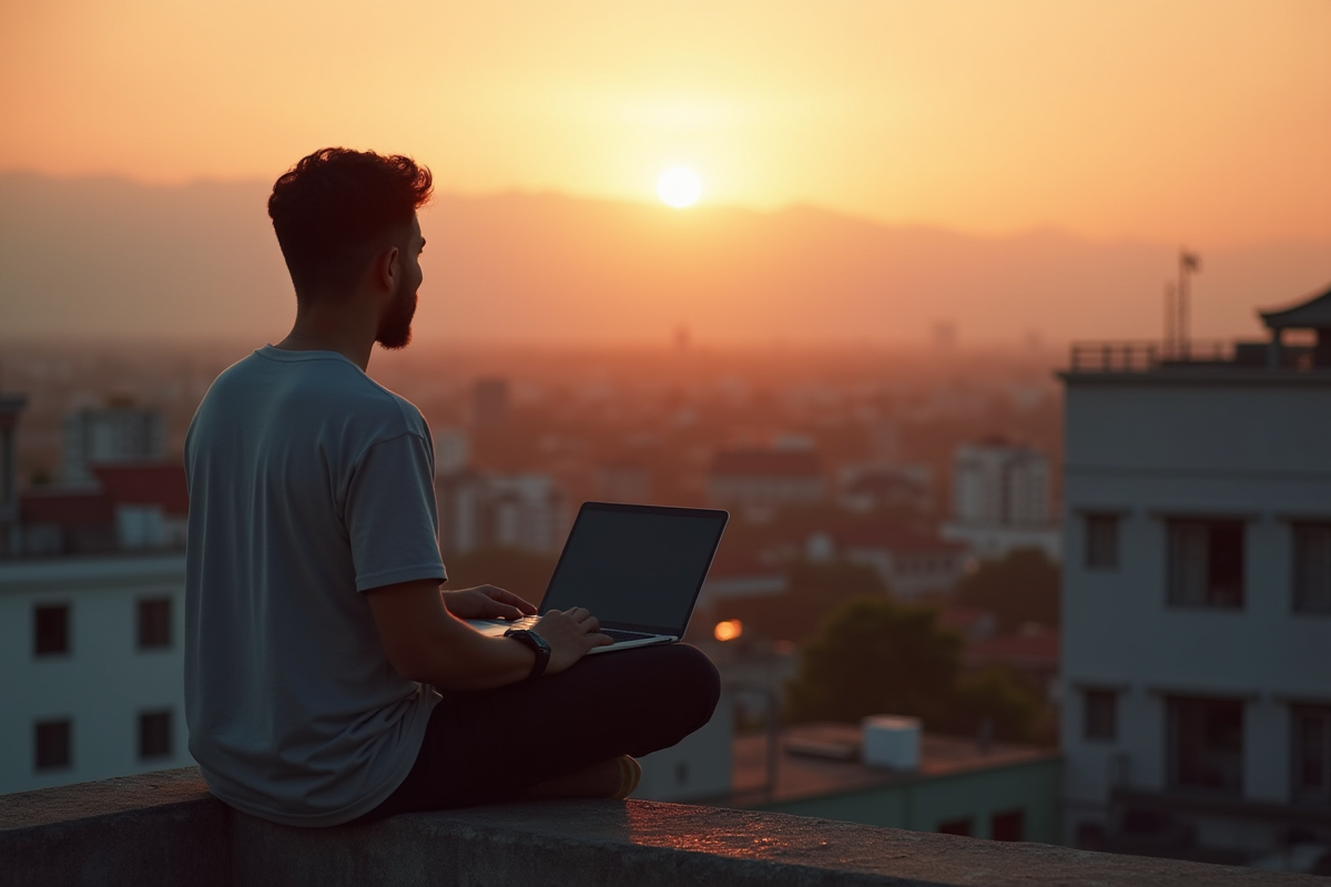 Nomade digital assis sur un toit à Chiang Mai au coucher du soleil