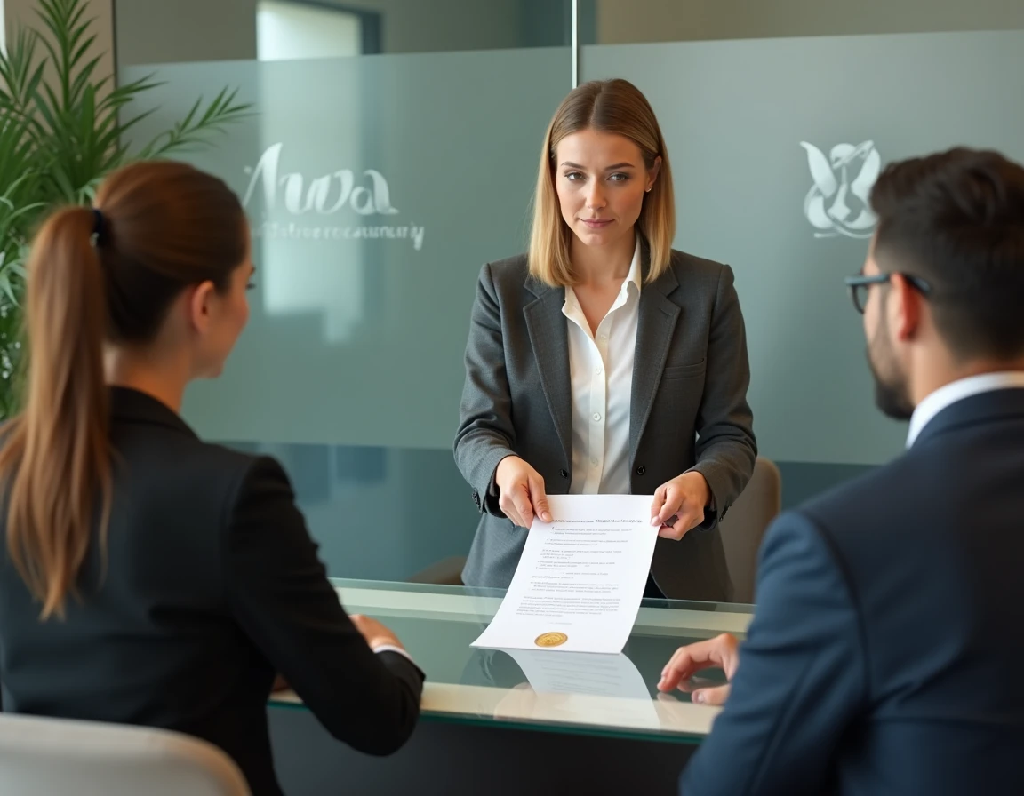 Notaire femme en blazer anthracite remettant un document officiel à des clients dans un cabinet notarial moderne, avec le logo notarial gravé sur une cloison en verre en arrière-plan.