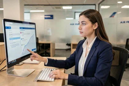 Nouvelle employée Air France consultant le portail Intraligne sur son ordinateur de bureau dans un open space moderne