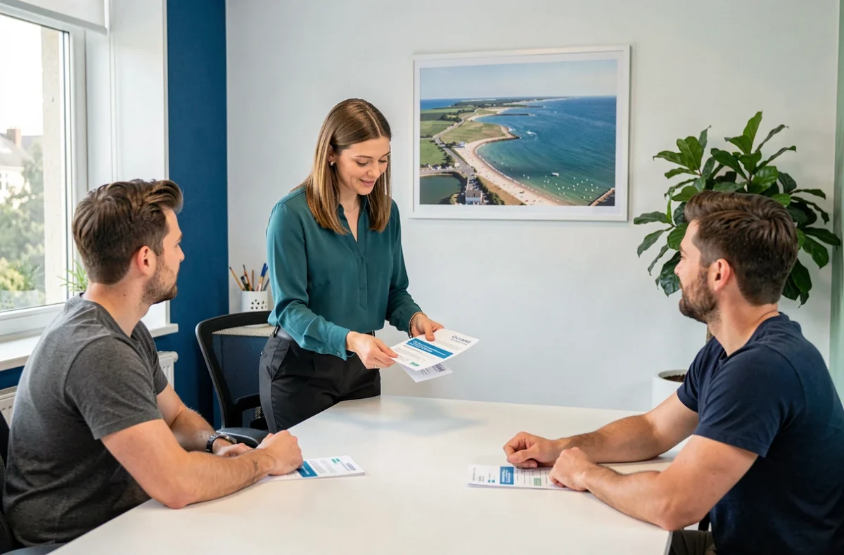 Consultante Océane Travail Temporaire présentant des offres d'emploi à deux candidats dans une agence côtière normande
