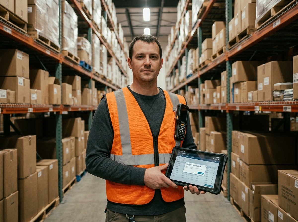 Opérateur logistique en entrepôt utilisant une tablette avec logiciel de suivi des stocks en temps réel