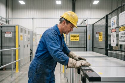 Ouvrier industriel vérifiant une batterie lithium dans une usine