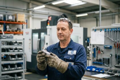 Homme d'usine en uniforme examinant une pièce métallique