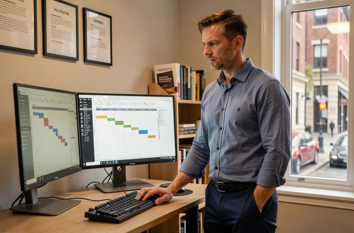 Un chef de projet SEO de l'agence Paul Vengeons gérant un calendrier éditorial sur deux écrans dans un bureau organisé