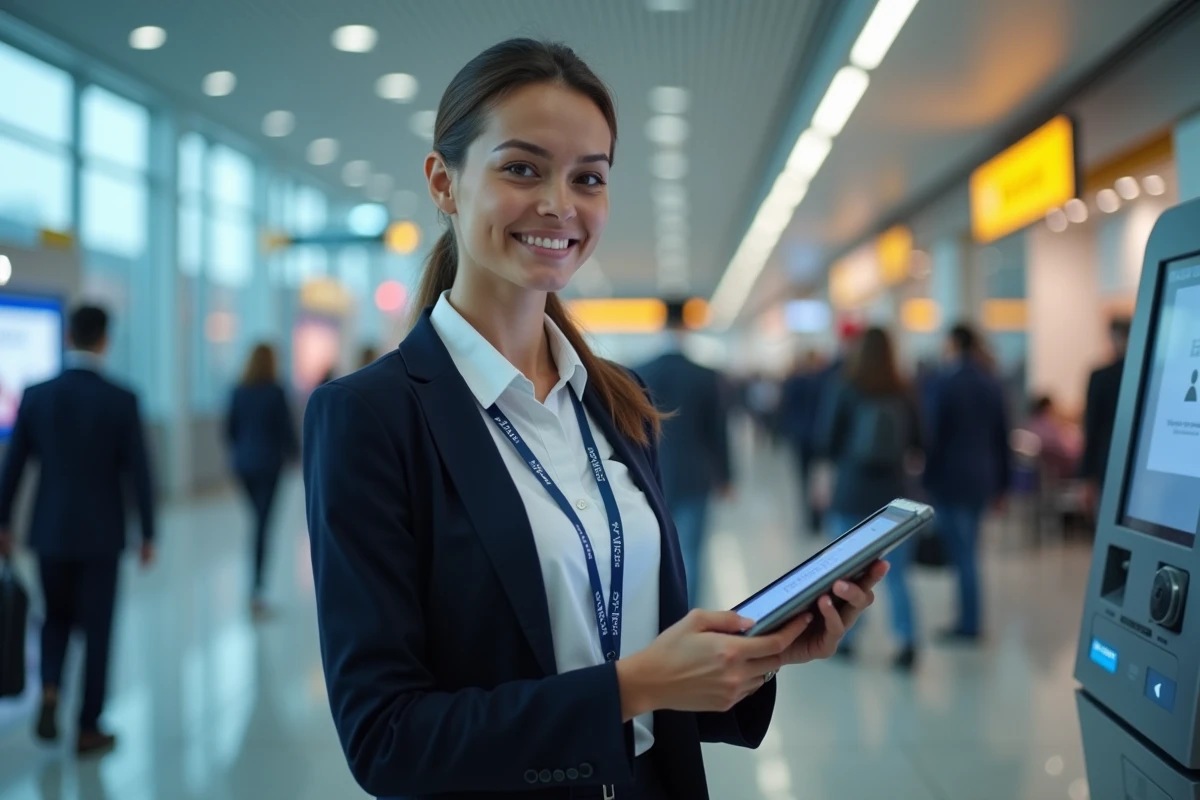 Agente aéroportuaire consultant une tablette avec interface GPNet AF dans un couloir de transit d'aéroport international