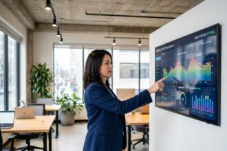 Responsable de PME réglant un thermostat connecté de gestion énergétique dans un bureau moderne en 2026