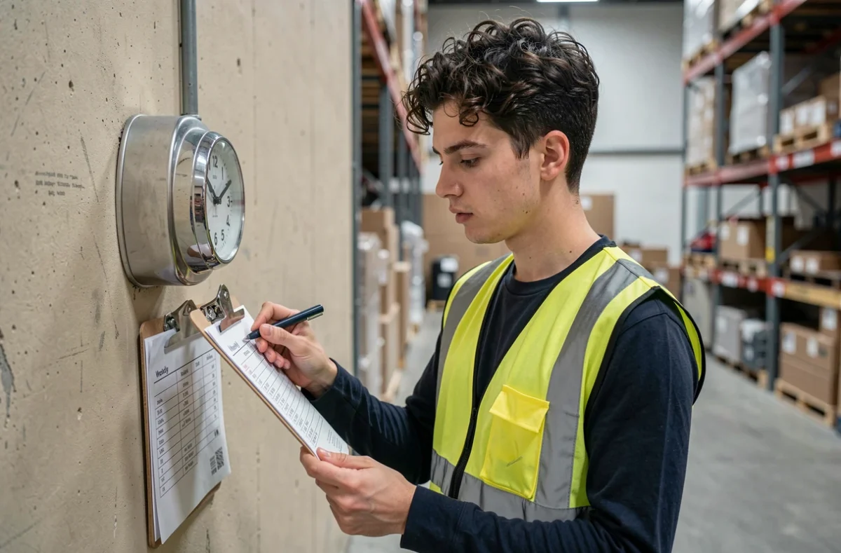 Un employé logistique consulte ses pointages hebdomadaires sur un clipboard devant une pointeuse en entrepôt