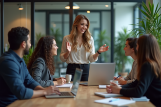 Jeune femme professionnelle présentant des idées marketing en réunion