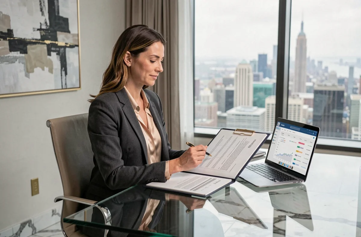 Une directrice SEO de Primelis analysant un rapport de performance dans un bureau haut de gamme avec vue sur la ville