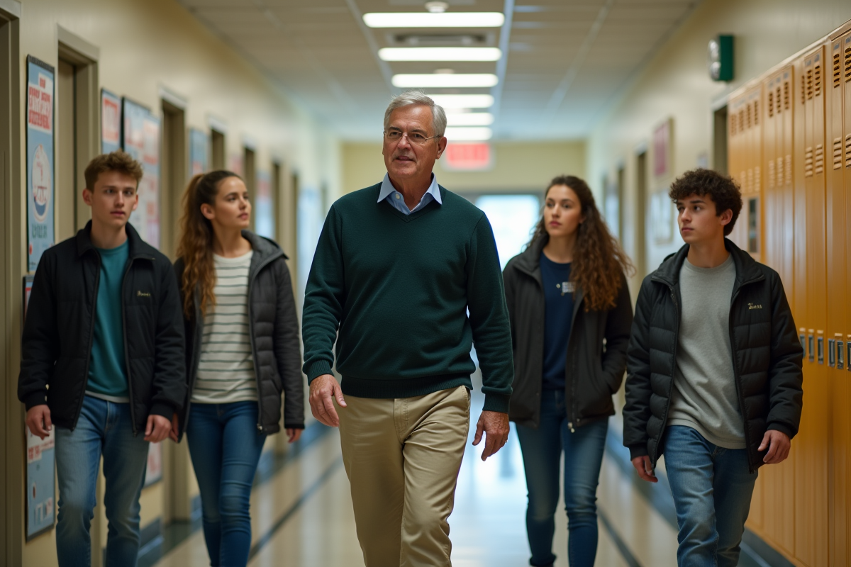 Professeur guidant des étudiants dans un couloir scolaire animé