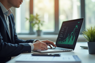 Professionnel d'affaires confiant utilisant un ordinateur portable dans un bureau lumineux