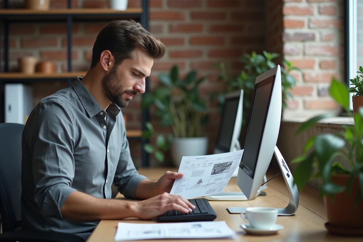 Professionnel concentré analysant un document de plan d'amélioration annoté dans un espace de travail moderne