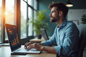 Professionnel en bureau moderne regardant un graphique de croissance