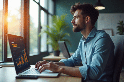 Professionnel en bureau moderne regardant un graphique de croissance