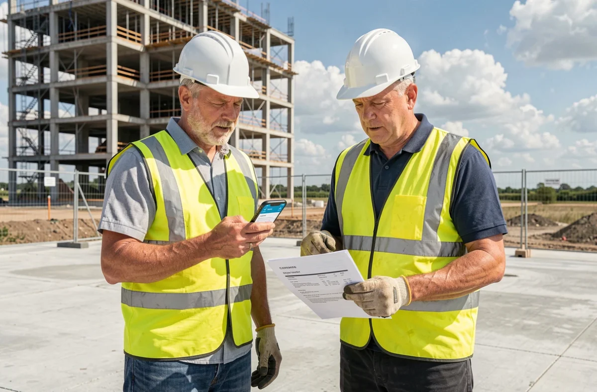 Deux professionnels du BTP comparant devis papier et suivi de chantier numérique sur smartphone en extérieur