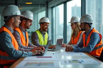 Groupe de professionnels de la construction en réunion