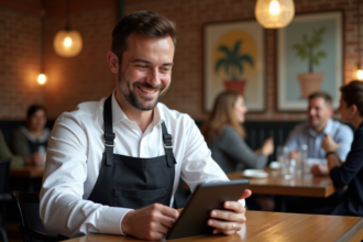 Propriétaire de restaurant souriant avec tablette dans un intérieur chaleureux