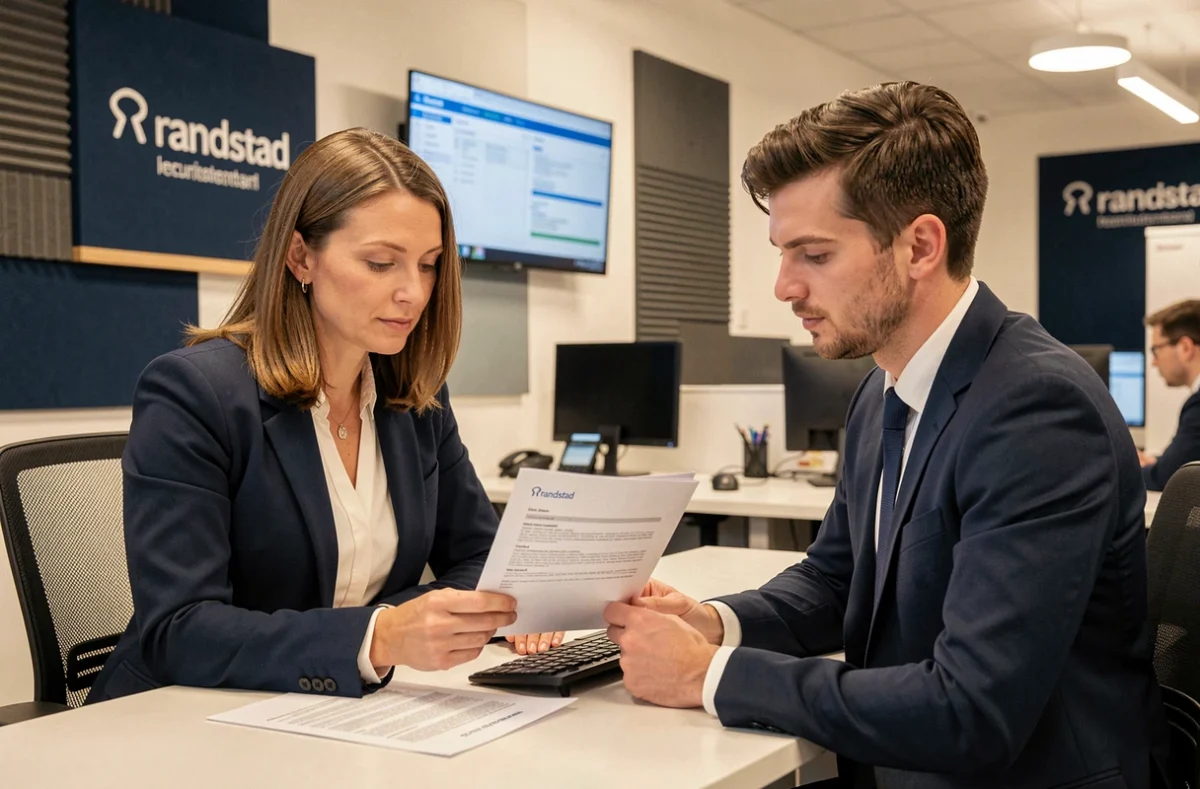 Consultante Randstad examinant un CV avec un candidat dans une agence d'intérim moderne