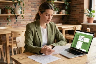 Femme consultant des offres d'emploi vert sur ordinateur portable dans un espace de co-working éco-responsable